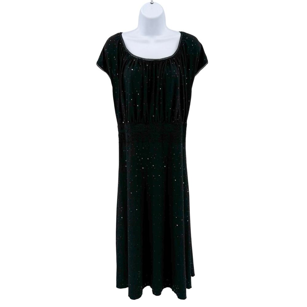 Hot Tempered Black Sparkle Sequins Midi Dress Womens 1X Short Sleeve Lace Trim